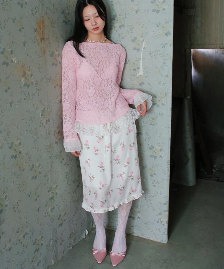 RUBATI Sofia Boat Neck Frill Lace Long Sleeve T-Shirt_Pink