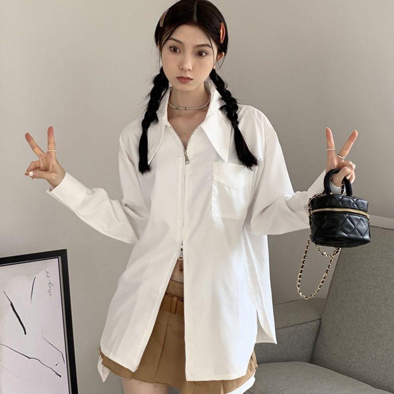 Women White Zipper Loose Long Sleeve French Style Casual Shirt S белый