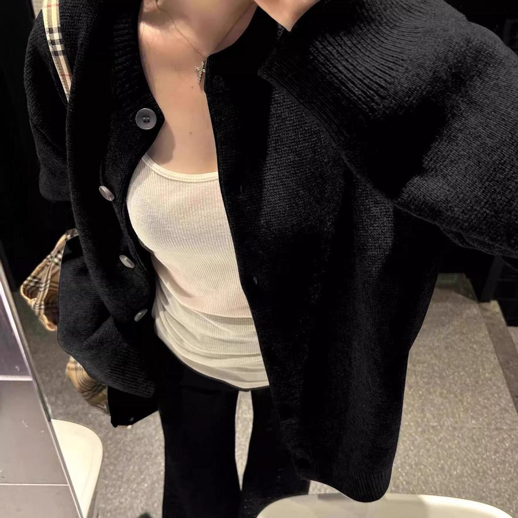 2025 Gray Embroidered Knit Cardigan Coat for Women - Autumn/Winter Loose, Thick, Relaxed Style