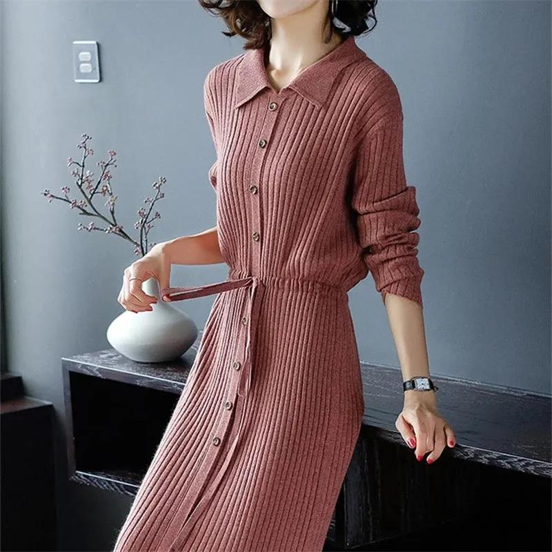 Loose Pullover Sweater Dress Lace-UP 2026 New Spring High-End Turn-Down Collor Long Knitted Dress Women's Autumn Dress JJ271