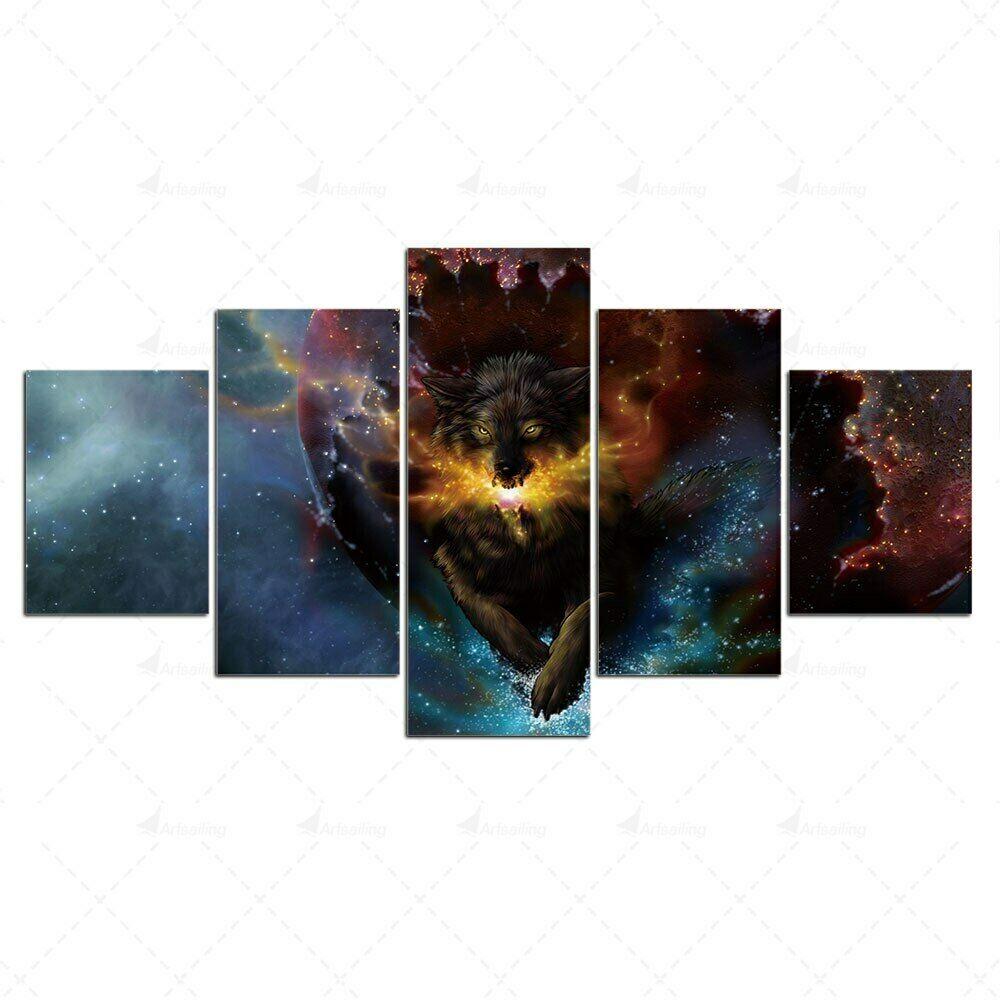 

5 шт., Вселенная, волк, животное, Луна, Декор, холст, картина, настенное искусство, 5 шт., картины, домашний декор, 5 панелей, абстрактные картинки
