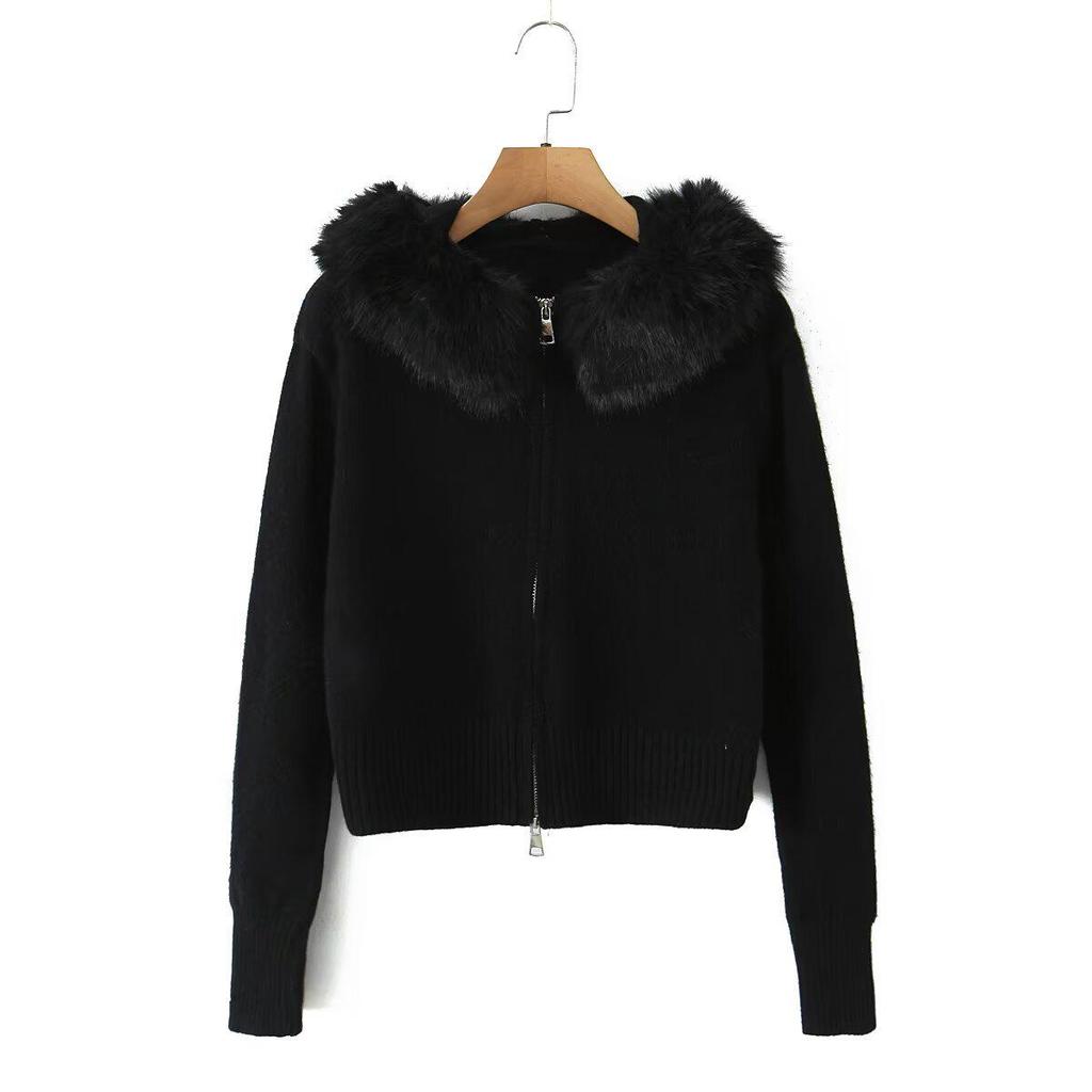 Women's Hooded Knit Cardigan with Fur Collar, Slim Fit, Short Loose Sweater for Autumn/Winter