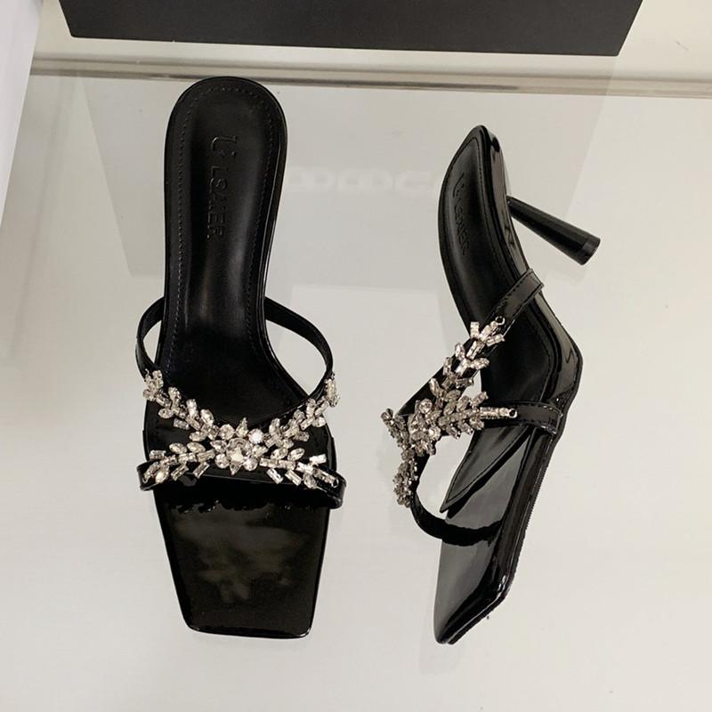 Fashion Luxury Rhinestone Open Toe Heeled Shoes Woman Satin Square Toe Designer Women Sandals Fashion Elegant Thin Heeled Slide Sandals