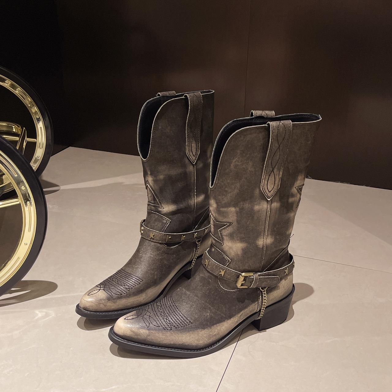 

Женские ковбойские сапоги до середины голени в стиле ретро, ковбойские квадратные каблуки, острые носки, платформа, женские толстые каблуки, западные, острые носки, металлические ботинки 35