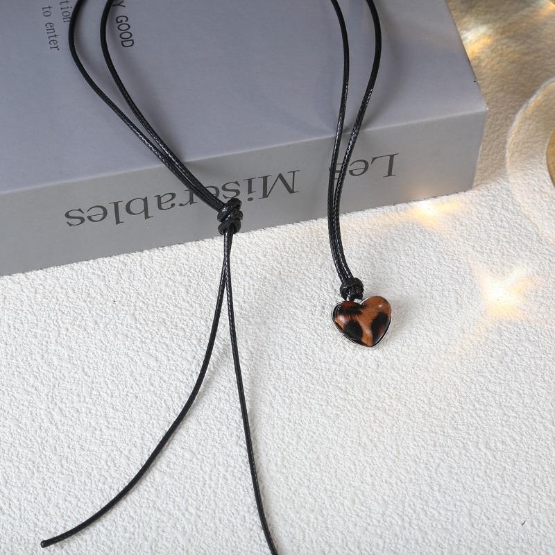 Autumn and Winter Retro Heart-shaped Square Leopard Print Pendant Necklace Long Black Rope Sweater Chain
