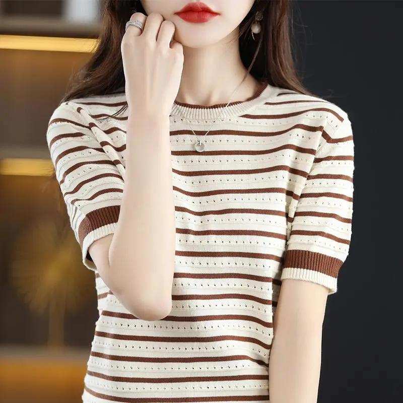 Women Summer Short Sleeve Striped Vintage T-Shirt Hollow Out Elegant Knitted Pullover