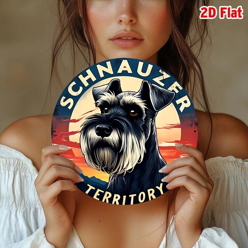 D Flat D Flat Round Pc Vintage Metal Schnauzer Dog Territory Sign Aluminum Art Print for Indoor Decor Boho Contemporary