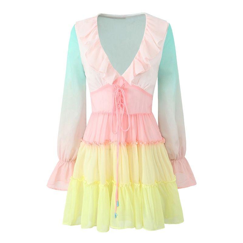 

Fantasy Gradient French style Sweet Holiday Style Design Sense Frill Deep V-neck Lace-up Bell Sleeve Princess Dress Dream gradient L