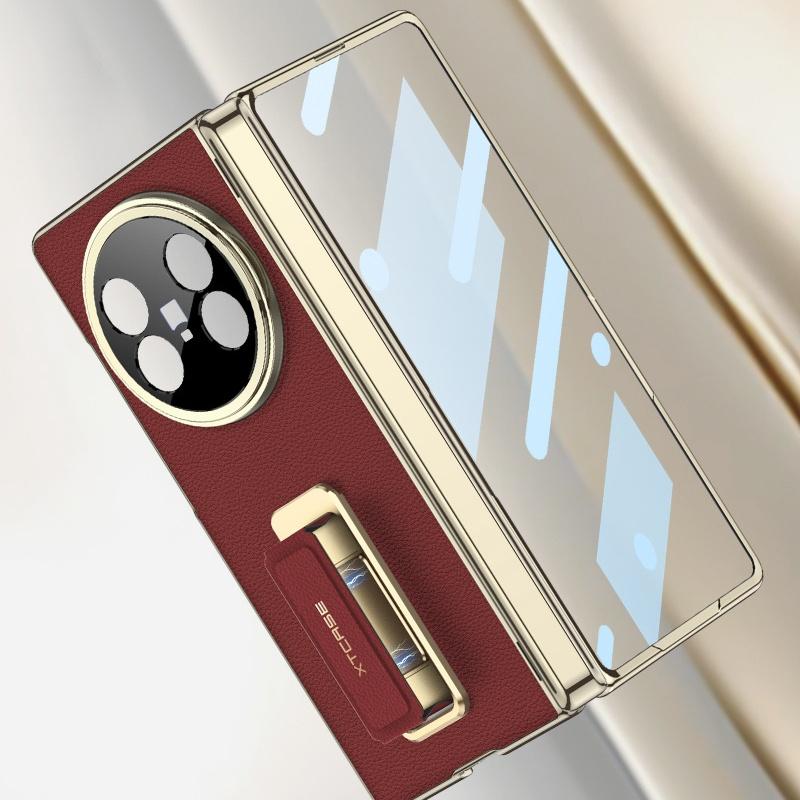 Vegan Leather Case For Vivo X Fold5 Fold 5 Magnetic Suction Hinge Axis Protection Screen Protector Metal Stand Finger Grip Cover