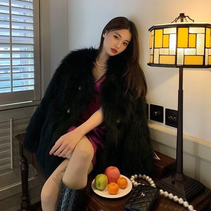 

Женская куртка из искусственного меха, новая зимняя, двубортная, имитация лисьего меха, с хлопковым утеплителем, легкий ретро-топ, трендовая XL чёрный