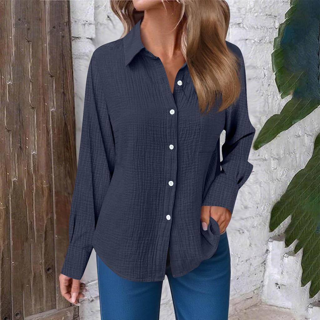 Women's Fashion Casual Solid Color Split Button Long Sleeve Shirt Top