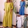 Dámské Vintage Jednobarevné Dlouhý rukáv O Kapsy u krku Maxi šaty Tunika Kaftan