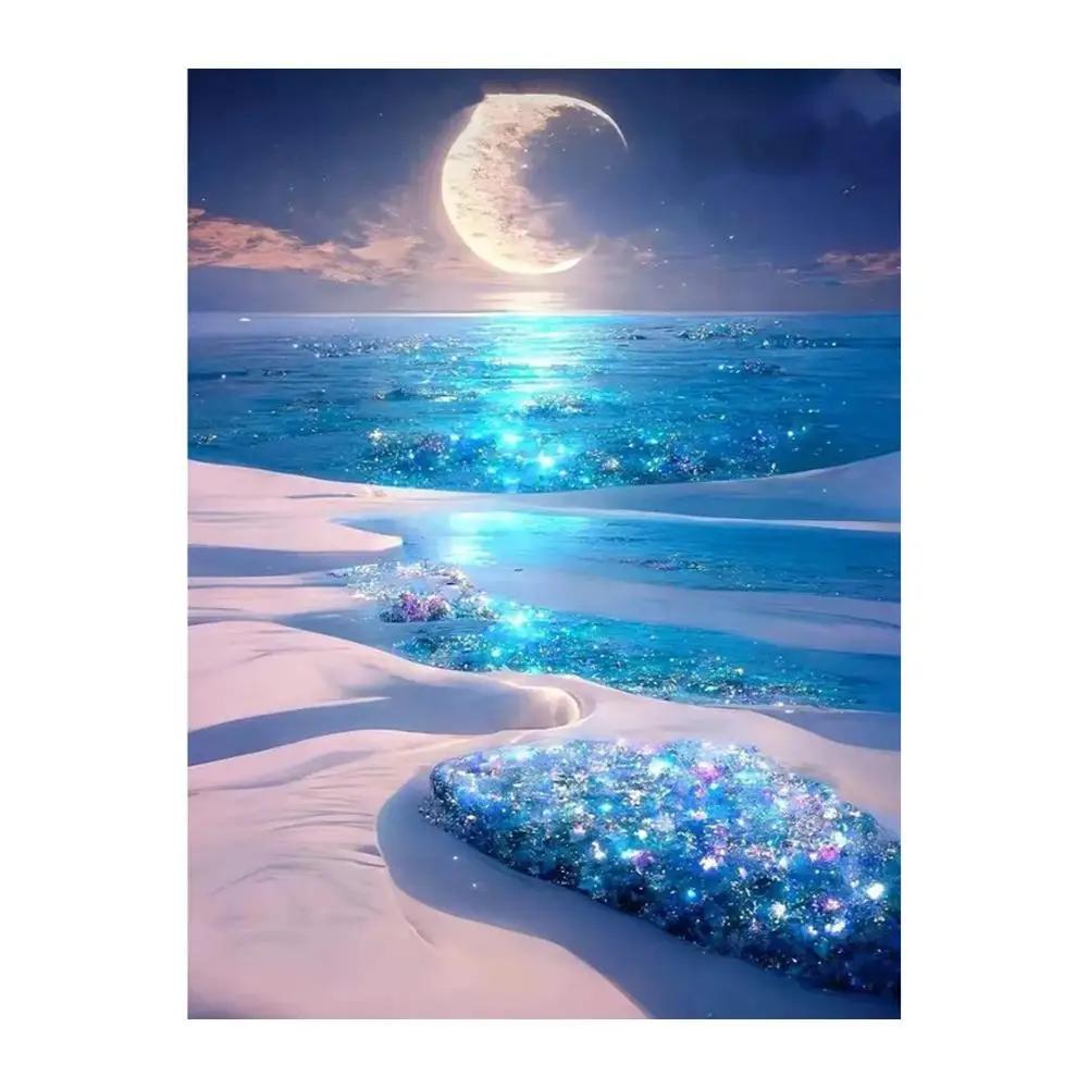 Adults Cross Stitch DIY Moon Sea Sailboat Prints Embroidery Craft Cross-Stitch Kit Art Needlework Decor Painting Gift Sewin S6A8