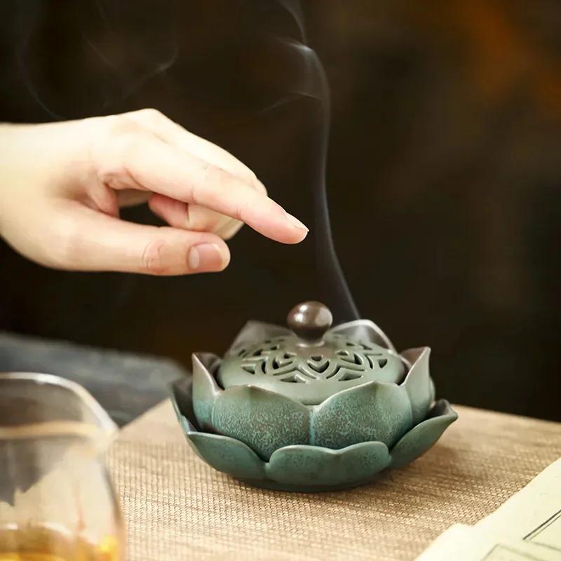 Vintage Lotus Design Ceramic Incense Burner Handmade Aromatherapy Holder for Home Zen Decor Relaxation Fragrance Art Gift