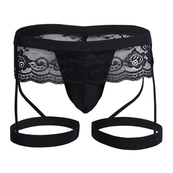 Men Club Garter Boxers U Convex Breathable Bouncy Solid Color Lace Clubwear See-through Flower Embroidery Nightclub Boxers Inner Wear Clothes