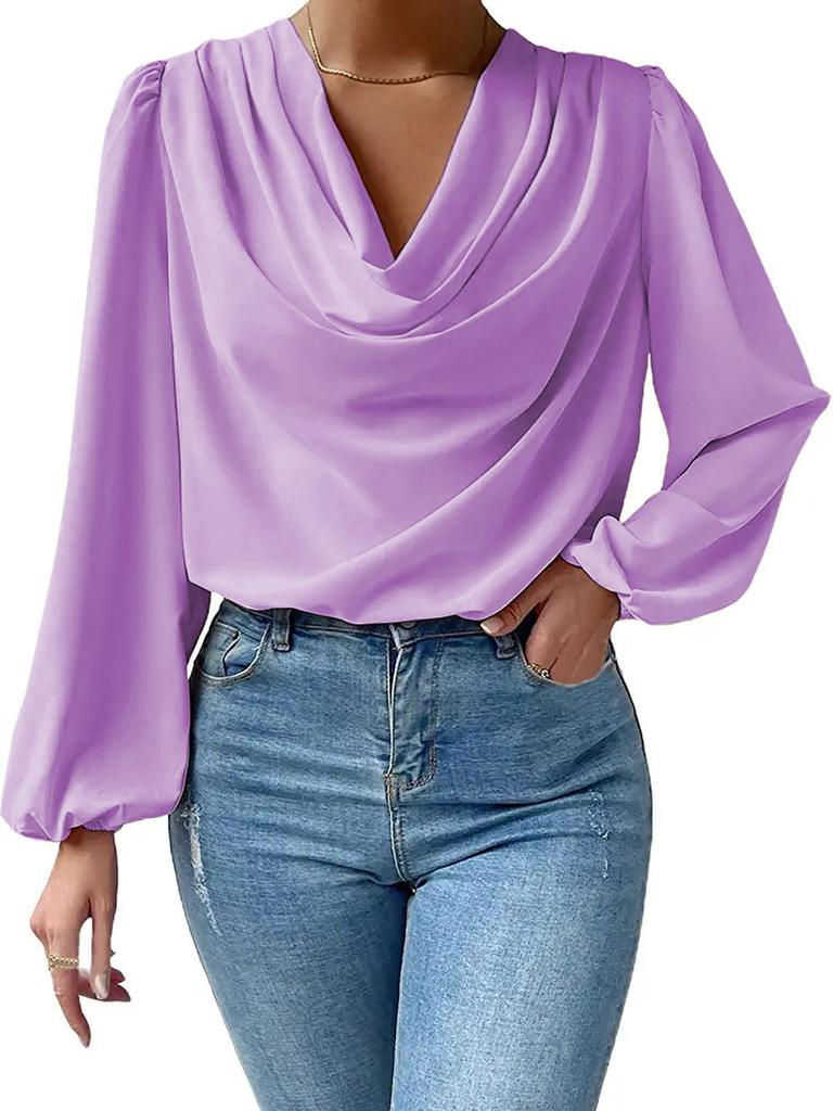 Chiffon Long Sleeve Shirt Loose Ruched V-Neck Top Women's T-Shirt