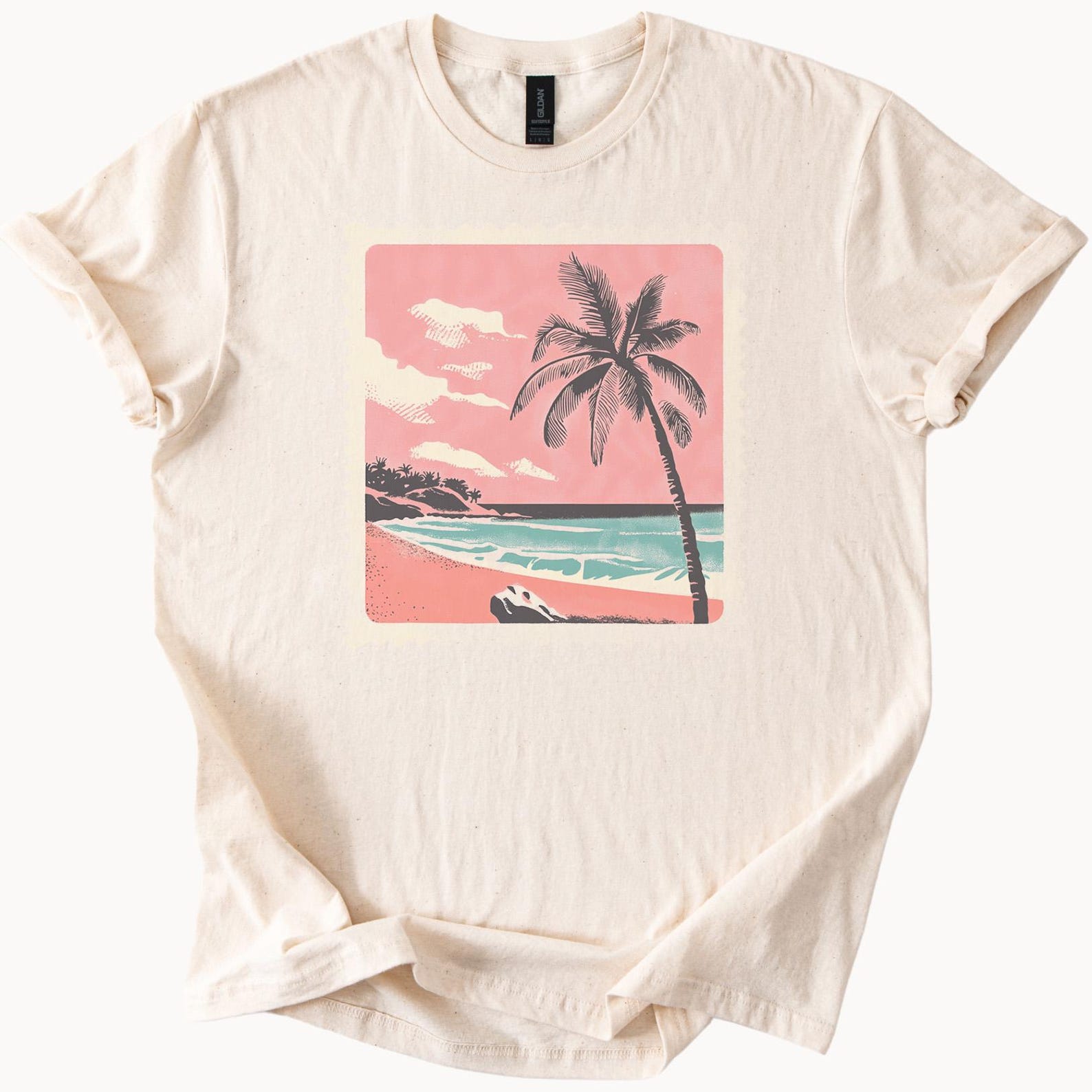 Palm Tree Beach Sunset Graphic Shirt Pink Ocean Wave Summer Coastal Art Tee Tropical Island Beach Scene Graphic T Shirt 130