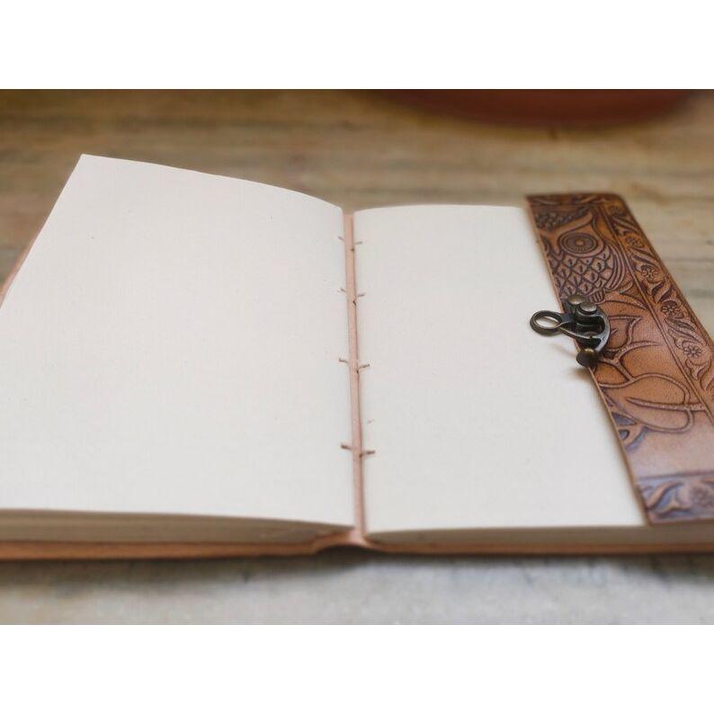 Owl Embossed Leather Bound Journal With Lock, Handmade Leather Notebook Unlined Journal Travel Diary Medium Size Locked Journal Fancy Diary