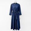 Seven-Sleeve Stretch Denim Maxi Dress with Stand-Up Collar and Hidden Buttons - Autumn 2025 Women's Wear