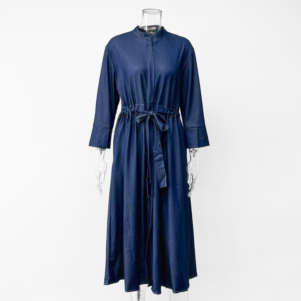 Seven-Sleeve Stretch Denim Maxi Dress with Stand-Up Collar and Hidden Buttons - Autumn 2025 Women's Wear