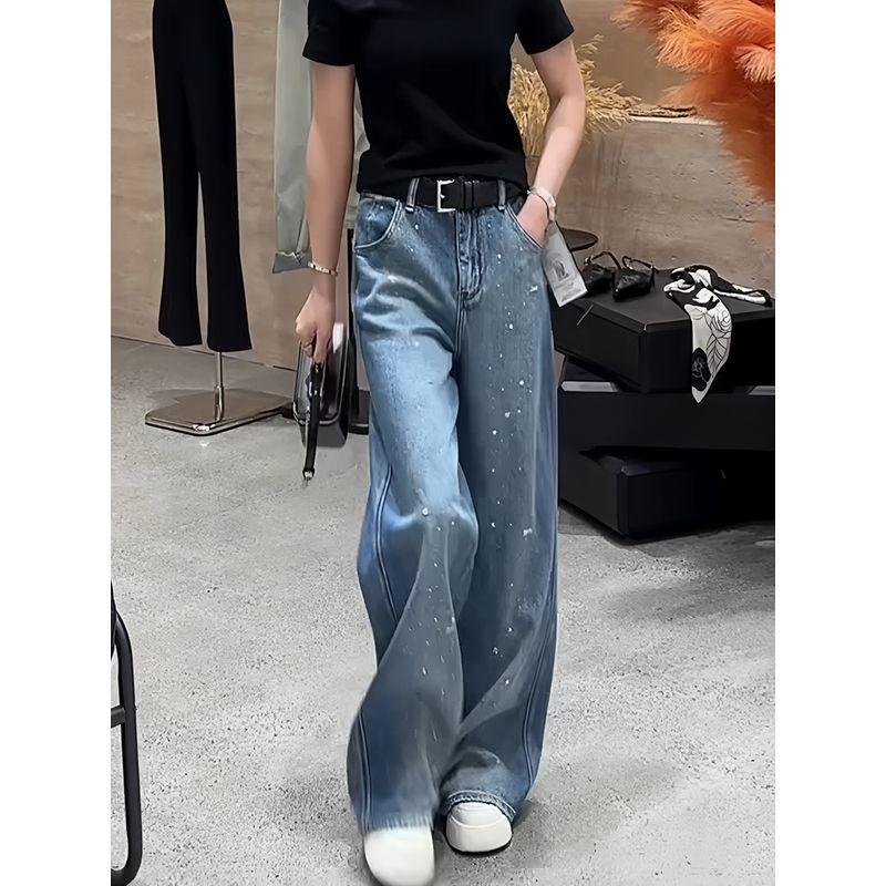 Blue Rhinestone Denim Female Popular This Year New Arrival High Waist Loose Shiny Beautiful All-Matching Straight Loose Pants