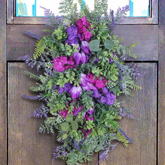 Yousheng Purple Tulip Wreath with Hydrangea & Hyacinth Artificial Flower Lavender Garland Realistic Spring-Summer Floral Decor for Door Wall Home