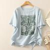 Cotton Short Sleeve T-Shirt Women Summer Hemp Printed Drawstring Loose Casual Round Neck Pullover Tops