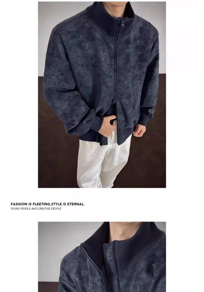 Men's Tie-Dye Leather Bomber Jacket with Stand-Up Collar - Trendy Autumn Heavyweight Outerwear