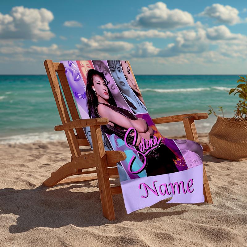 Custom Name Ultra-Soft Beach Towel with Selena Quintanilla Theme,Ideal for Pool - Camping, Diving - Perfect Travel Essential, Vibrant Beach Towel.
