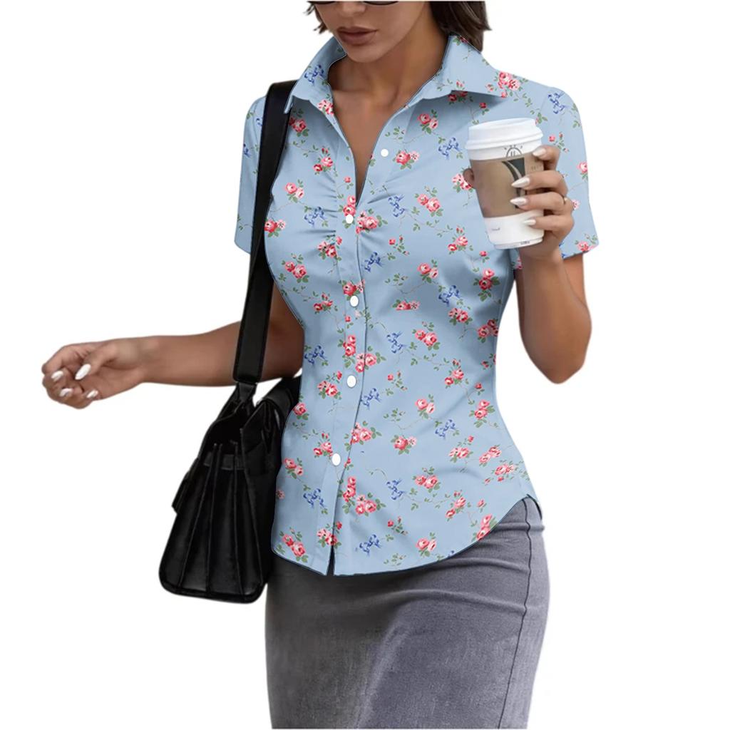 Women Short Sleeve Button Down Shirt Slim Fit Collared Blouse Lightweight Casual Workwear Top for Summer