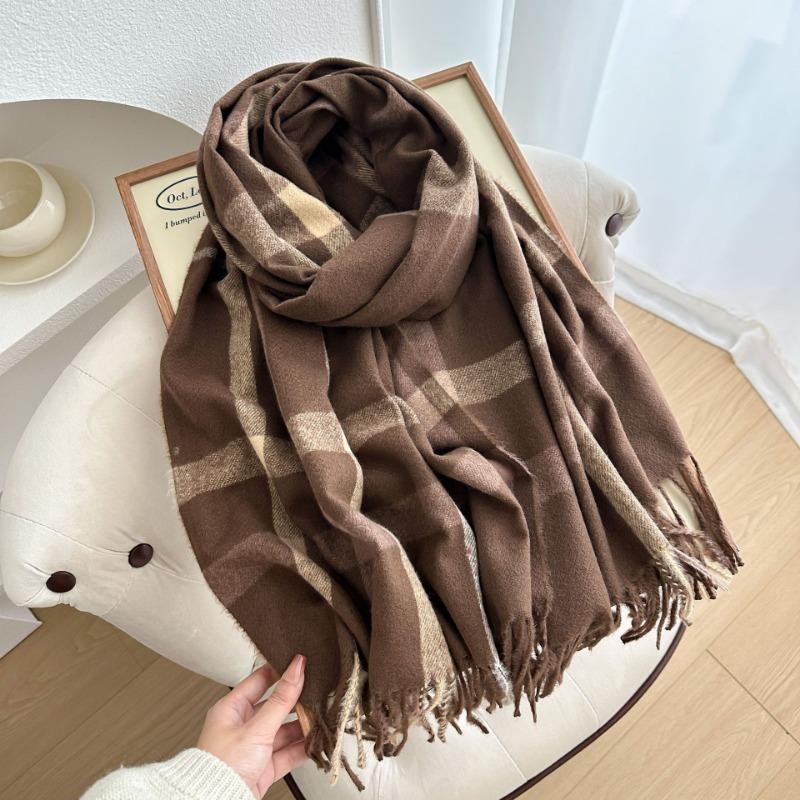Thickened plaid scarf autumn and winter imitation cashmere women's scarf warm color matching striped tassel send girlfriend shawl