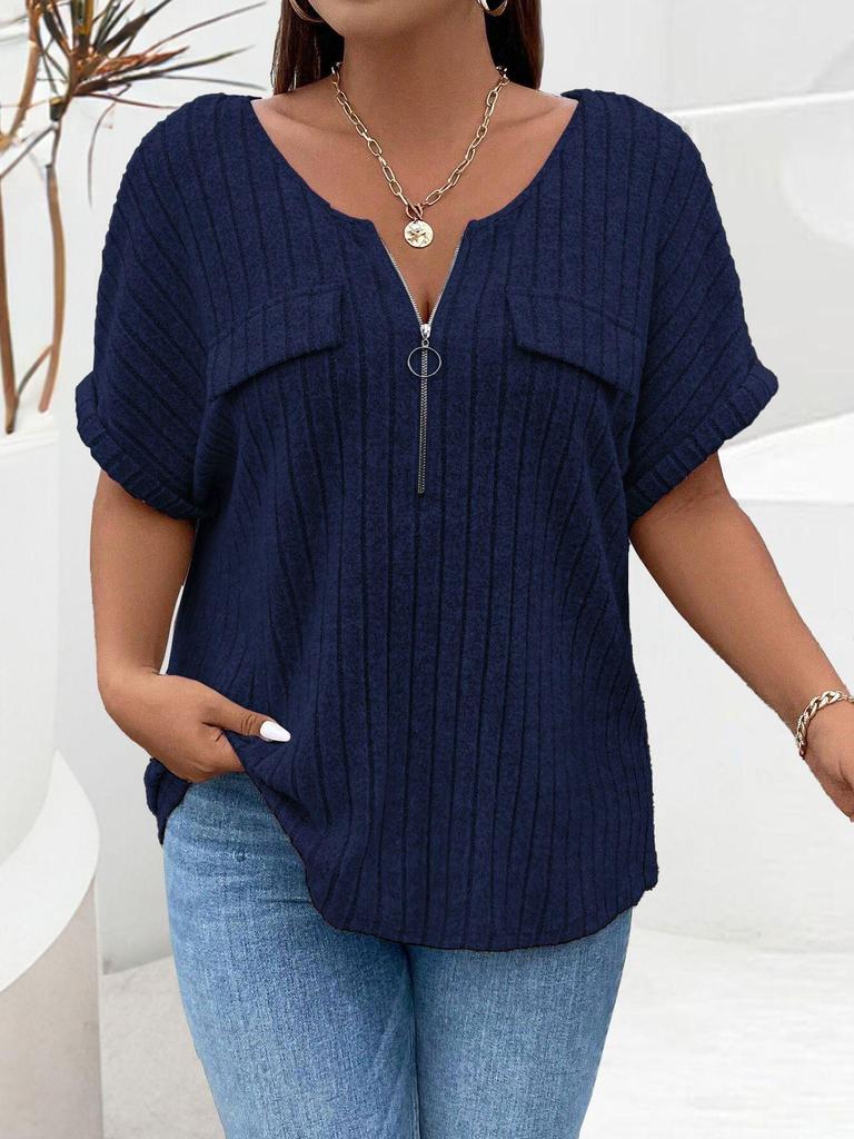 2026 Spring/Summer Plus Size Women's Zipper Short Sleeve Pullover T-shirt - Solid Color, Faux Pocket, Loose Fit