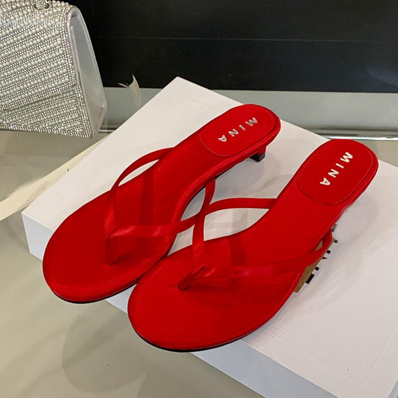 Fashion Red Fashion Round Toe Ladies Low Heel Slippers Sandals Shoes Summer Beach Slides Women Heeled Slippers Shoes Female Flip flops