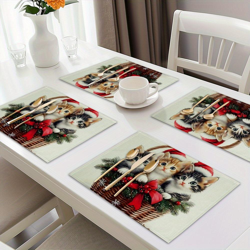 

Рождественские салфетки-подставки с кошками, 4 шт. Легко чистятся. Для семейных встреч, рождественской вечеринки. Декор и аксессуары для стола 4pcs