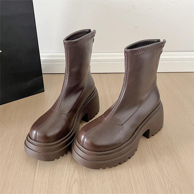 

Fashion Platform Height Increase Women Ankle Boots Female Thick Heel Modern Short Booties Autumn Winter Ladies Shoes 35 коричневый