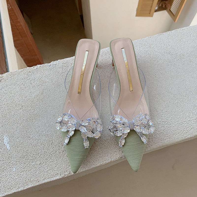 

Туфли-мюли с острым носком, женская летняя обувь для улицы, новинка лета 2025, модные, с темпераментом, со стразами, с бабочкой, на толстом высоком каблуке, крутые женские шлепанцы 39 зелёный