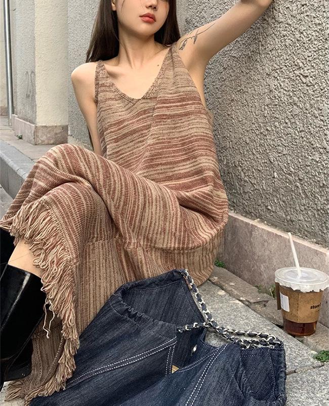 Spicy Girl Retro Tassel Knitted Camisole Dress - Loose Mid-Length for Spring, Summer, Autumn