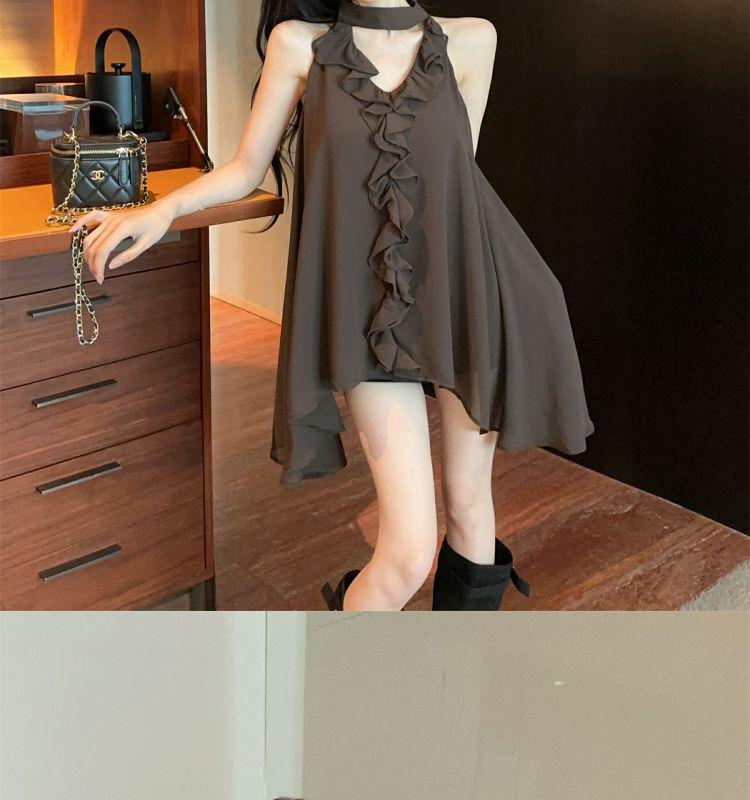 French V-Neck Ruffle Halter Camisole for Women - Sleeveless, Loose, Stylish & Slimming Top