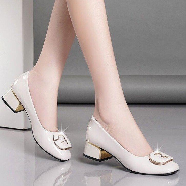 Autumn new versatile non-slip soft leather medium heel thick heel women's single shoes square head fashion patent leather bright leather women's shoes