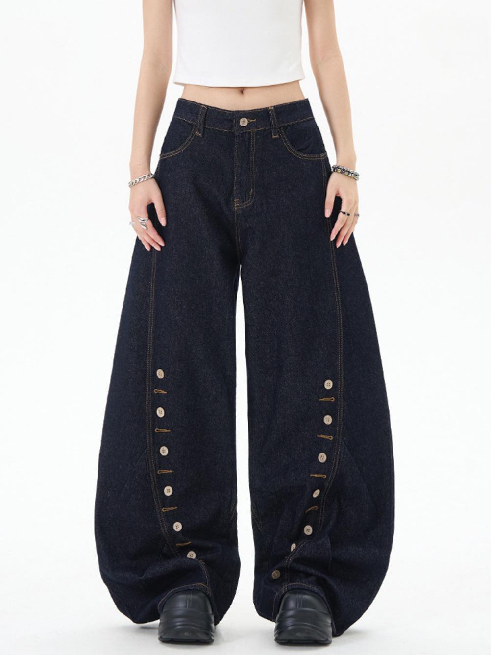 

Zhenmei Ретро Изогнутый Нож Синие Джинсы Унисекс Широкие Штанины Высокий Дизайн L серый/синий