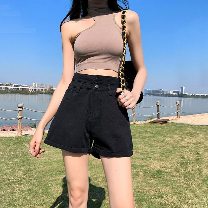 Women's Denim Shorts with Rolled Edges and Double Buttons Summer High Waist Straight Leg Wide Leg A-line Shorts