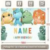 Watercolor Style Dinosaur Birthday Backdrop, Customizable Name Cute Cartoon Dino Background with Tropical Leaves