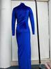 European & American Style Women's High-Neck Velvet Long Dress - Slim Fit, Pleated, Slit Design for Autumn/Winter 2022