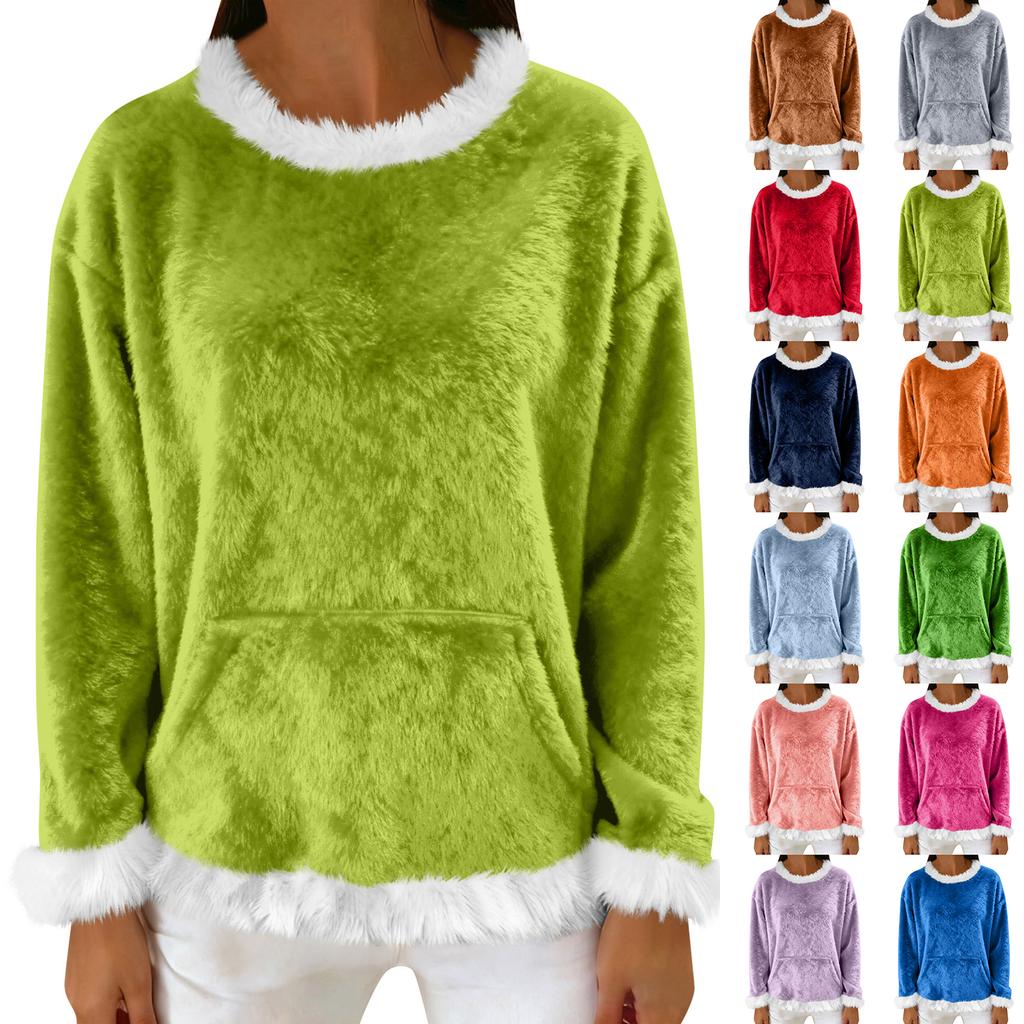 Women's Casual Fleece Sweatshirt Long-Sleeve Round Neck Casual Comfortable Loose-Fit Lightweight Women's Flannel Sweatshirt