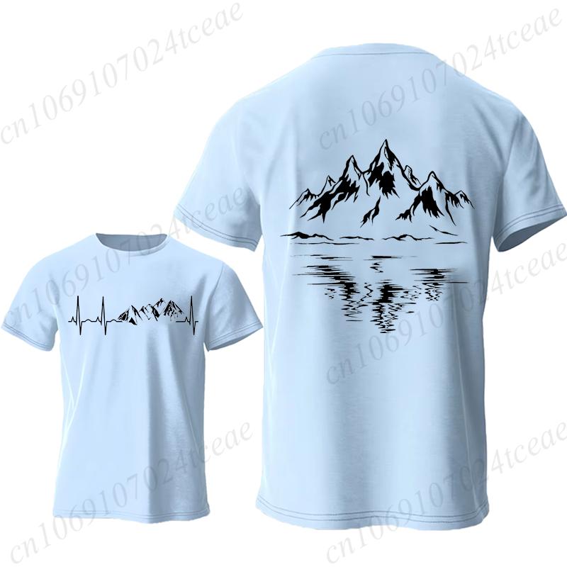 Mountain Print Men's T-shirt Summer Comfortable Breathable Short-sleeve Top Mountain Heartbeat Pulse Line Oversized Men T-shirt