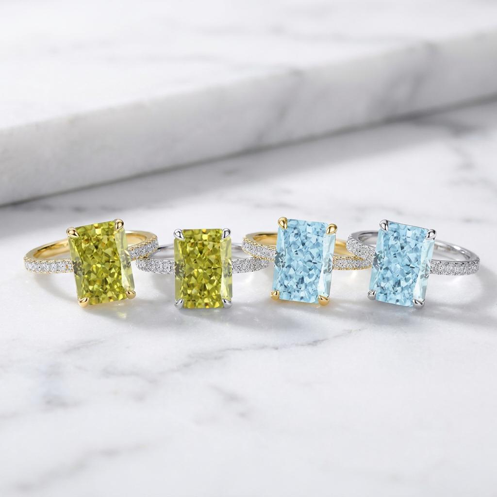 S925 Silver Rectangular Light Ice Blue Zircon High-carbon Diamond Good Quality Ice Cut Rings for Women Fine Jewelry