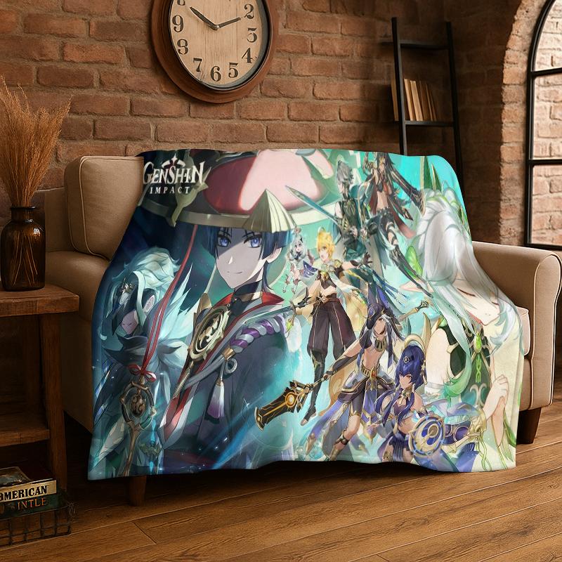 New Genshin Impact Cartoon Game Flannel Blanket Soft Warm Throw Blanket for Bedroom Living Room Bed Travel Camping Picnic Gift