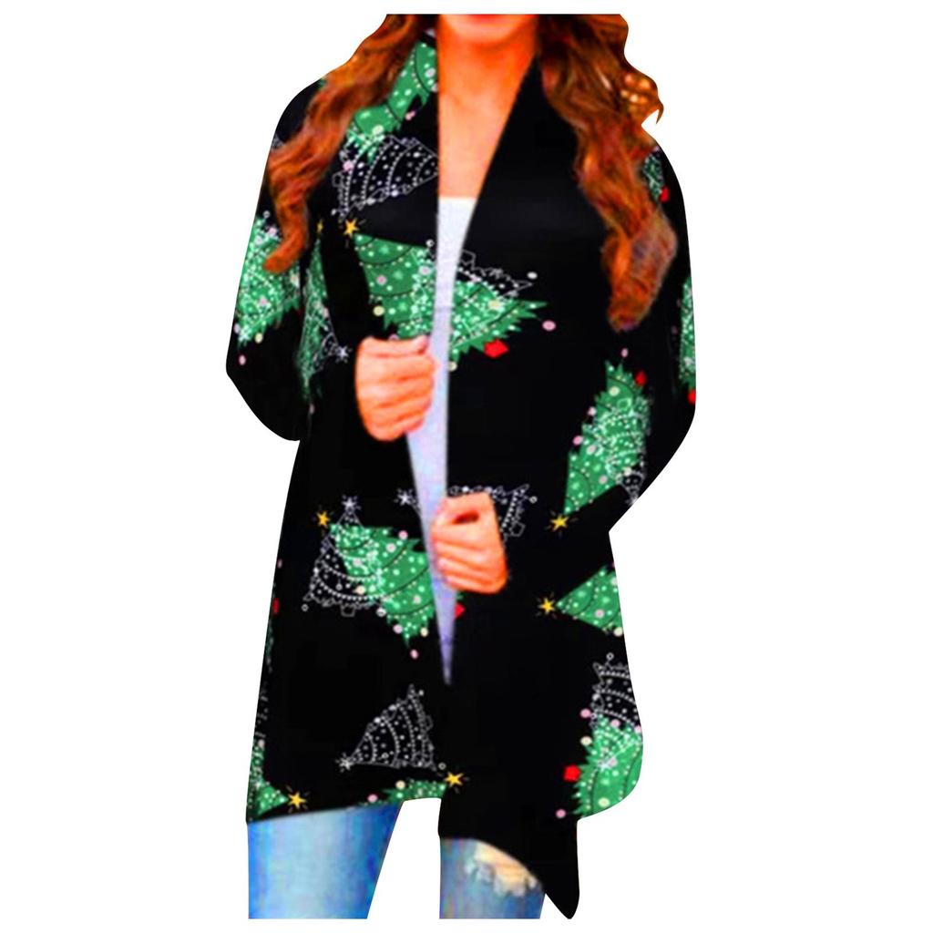 Women's Christmas Tops Casual Shirts Open Front Long Sleeve Loose Flowy Hem Cardigan Outwear