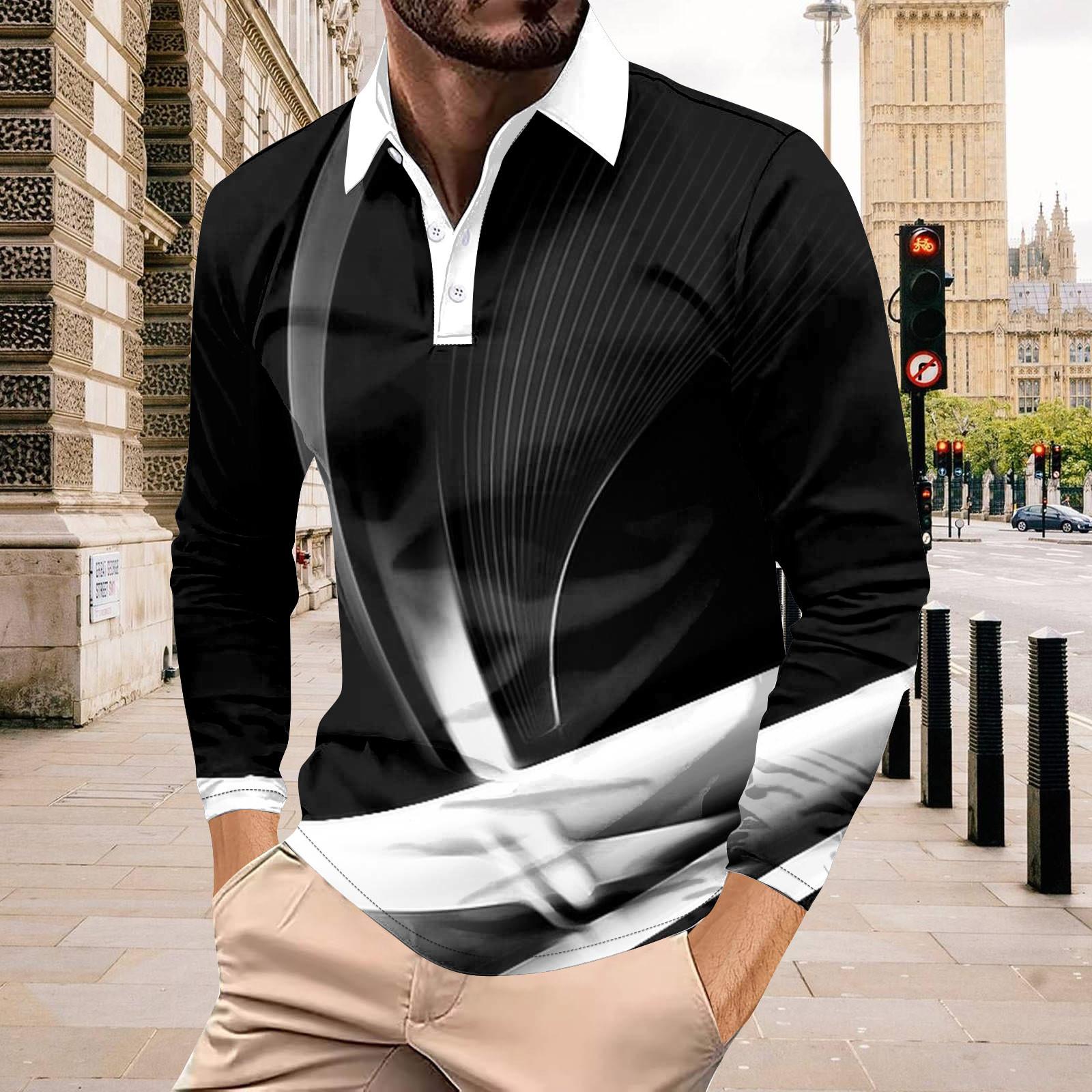 

Мужская рубашка для гольфа, повседневная спортивная, с V-образным вырезом, ребристый воротник, с длинным рукавом, модная, повседневная, однотонная, однотонная, весна-лето, стандартная посадка S чёрный