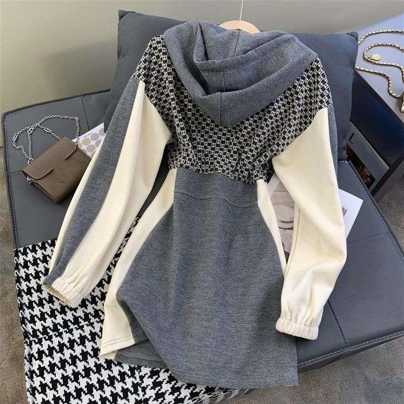 Women's Vintage Embroidery Plaid Patchwork Y2K Hooded Dress High Waist Long Sleeve Sexy Mini Dresses